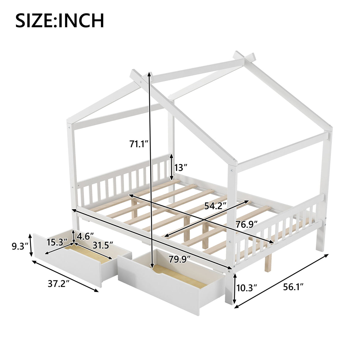 House Style Platform Bed With Headboard, Footboard, 2 Drawers, And Roof Design
