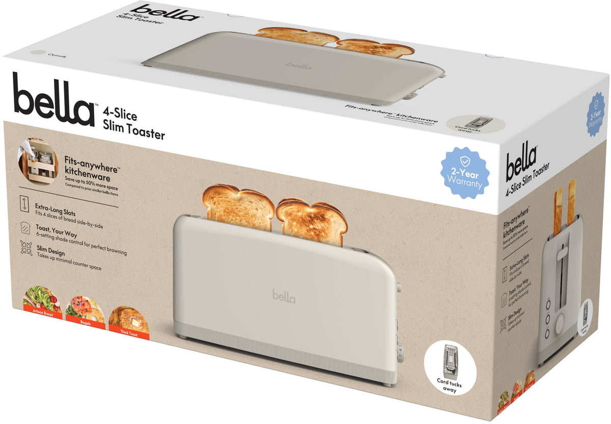 Bella - Fits-anywhere Kitchenware: 4-Slice Slim Toaster with Long Wide Slots - Oatmilk