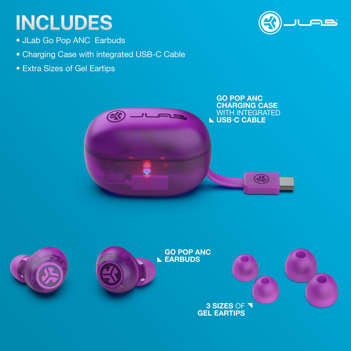JLab - GO Pop ANC True Wireless Bluetooth Earbuds with Active Noise Cancelling, 24+ Hour Battery & Custom EQ - Transparent Purple