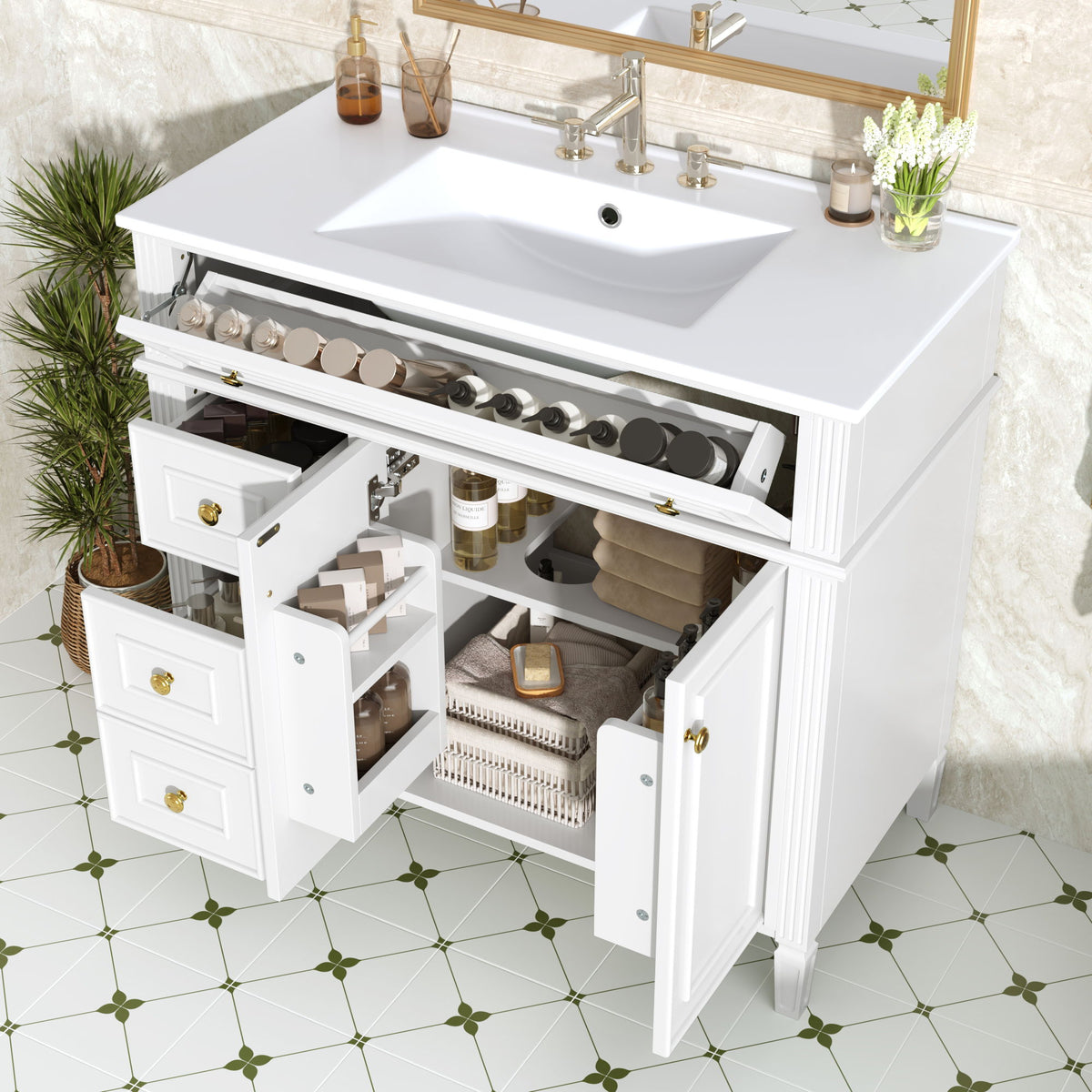 Mueble de baño con lavabo, 3 cajones y 2 puertas con cierre suave