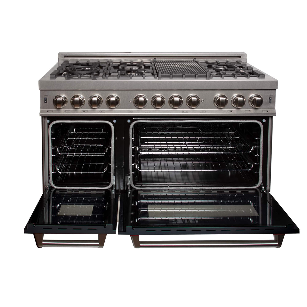 ZLINE - 48 in. Wide 7 Burner Legacy Dual Fuel Range in Satin Stainless Steel w/ Black Matte Doors (RAS-BLM-48) - Stainless Steel/Black Matte Door