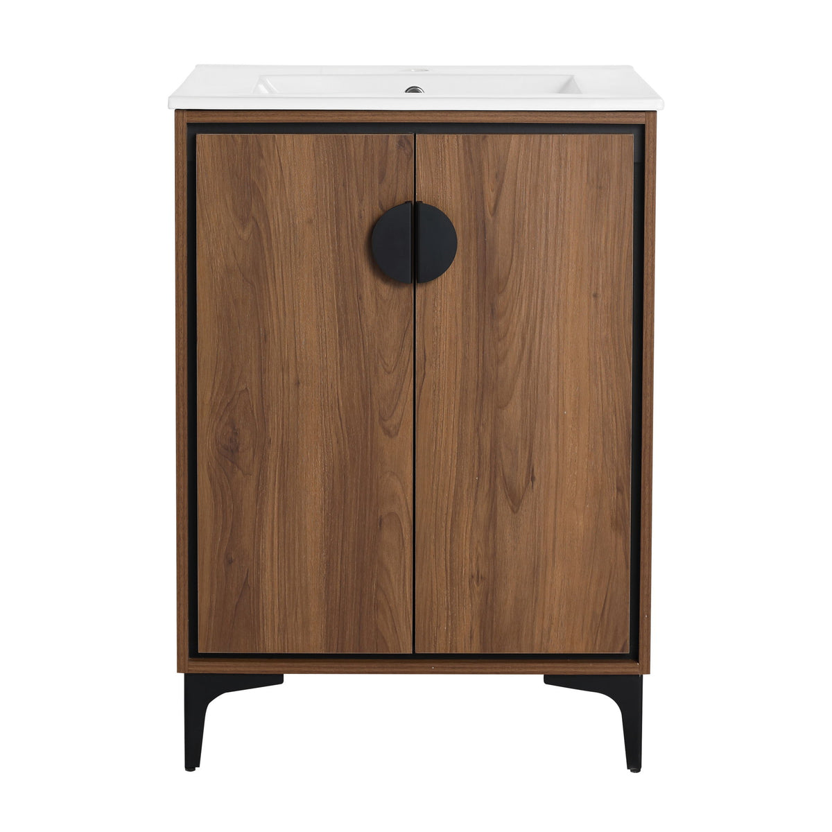 Tocador de baño moderno con lavabo sobre encimera, mueble de almacenamiento de madera reconstituida