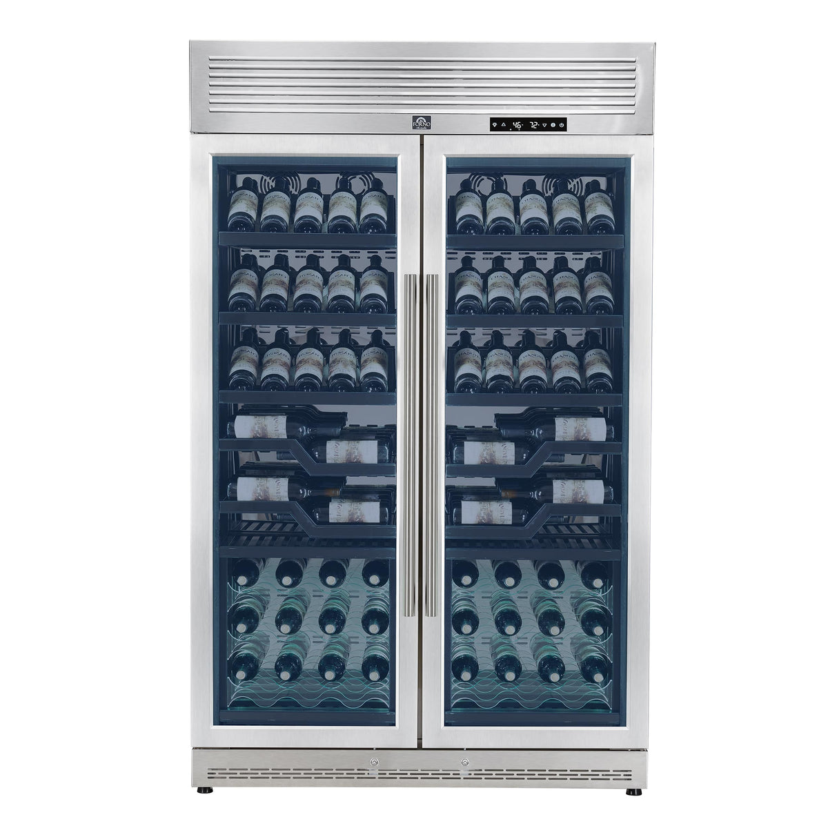 Forno Appliances - Abruzzo 102-Bottle Freestanding Dual Zone Wine Cellar with Green Acrylic Holders & Black Shelves - Stainless Steel