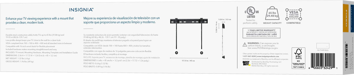 Insignia™ - Fixed TV Wall Mount for Most 19-55" TVs, Up to 65 lbs - Black