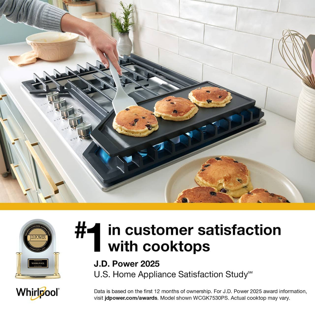 Whirlpool - 30 in. Wide 5 burners Built-In Gas Cooktop with EZ-2-Lift Hinged Cast-Iron Grates - Stainless Steel