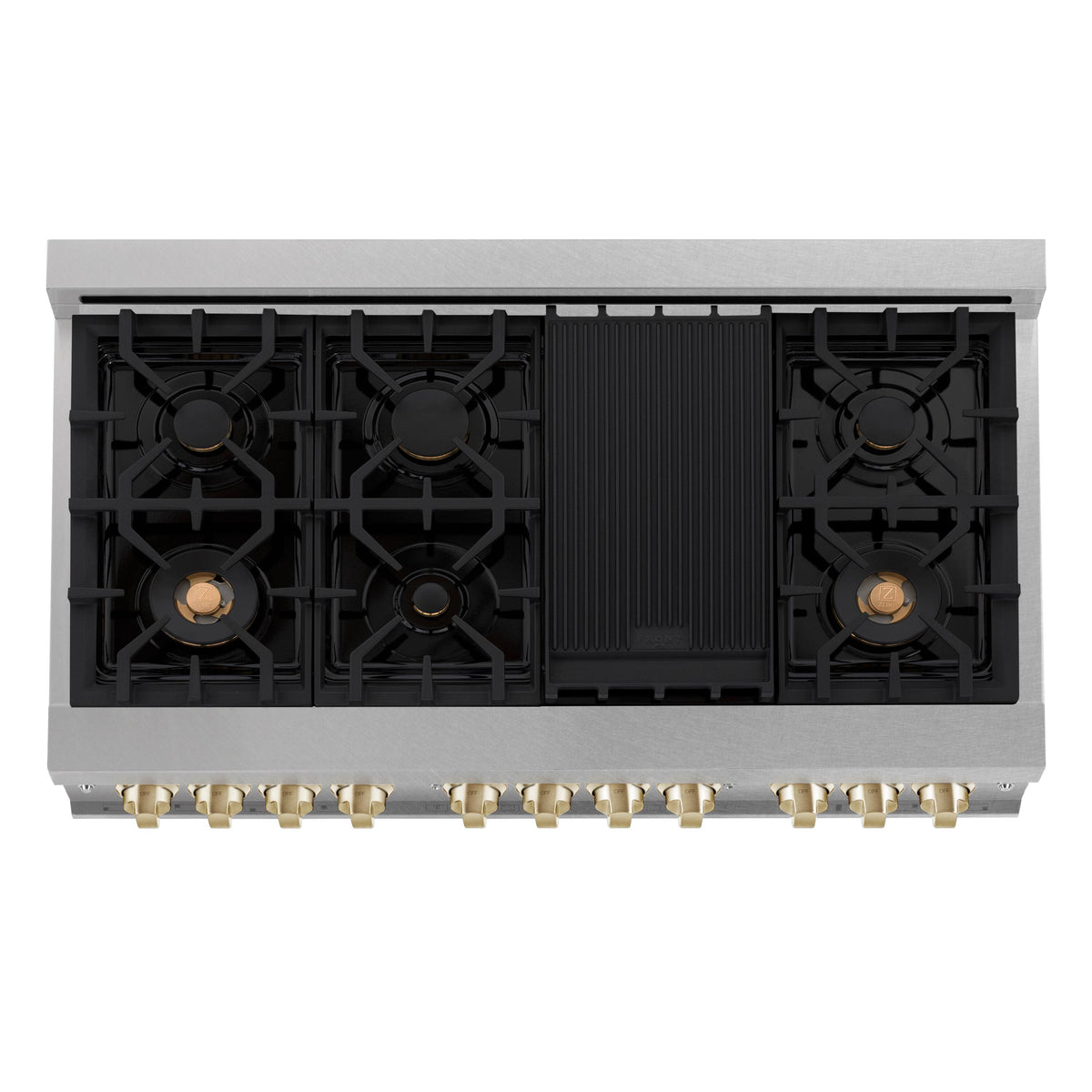48 in. Wide 8 Burner ZLINE Autograph Legacy Dual Fuel Range in Satin Steel & Gold Accents (RASZ-SN-48-G) - Stainless Steel