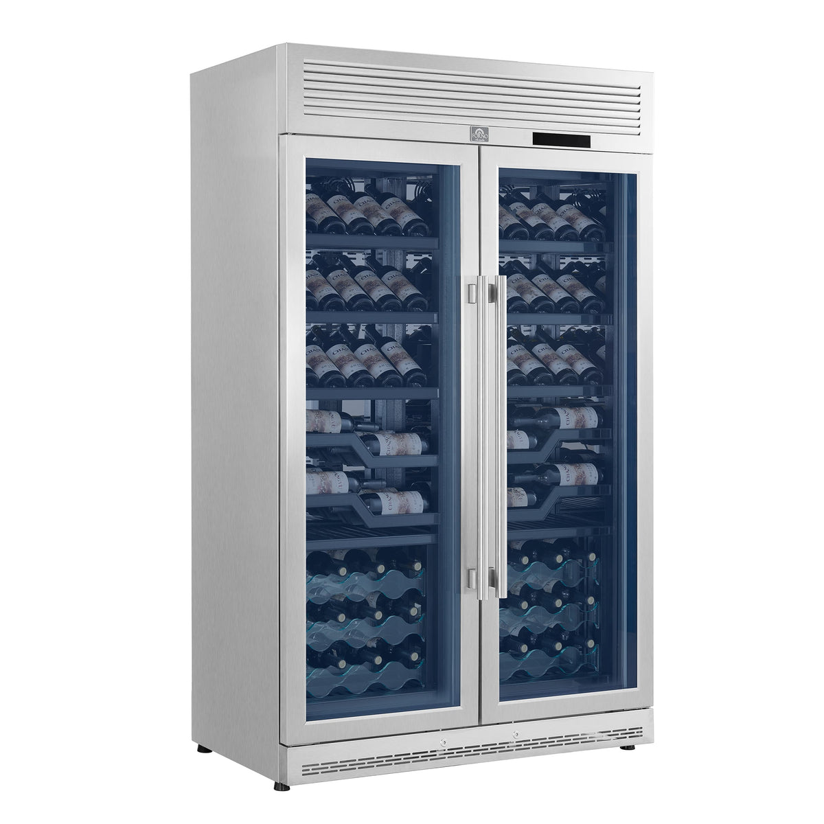 Forno Appliances - Abruzzo 102-Bottle Freestanding Dual Zone Wine Cellar with Green Acrylic Holders & Black Shelves - Stainless Steel