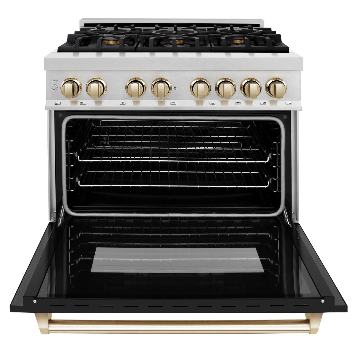 ZLINE - 36 in. Wide 6 Burner Autograph Legacy Dual Fuel Range in Satin Steel w/ Black & Gold Accents (RASZ-BLM-36-G) - Black Matte