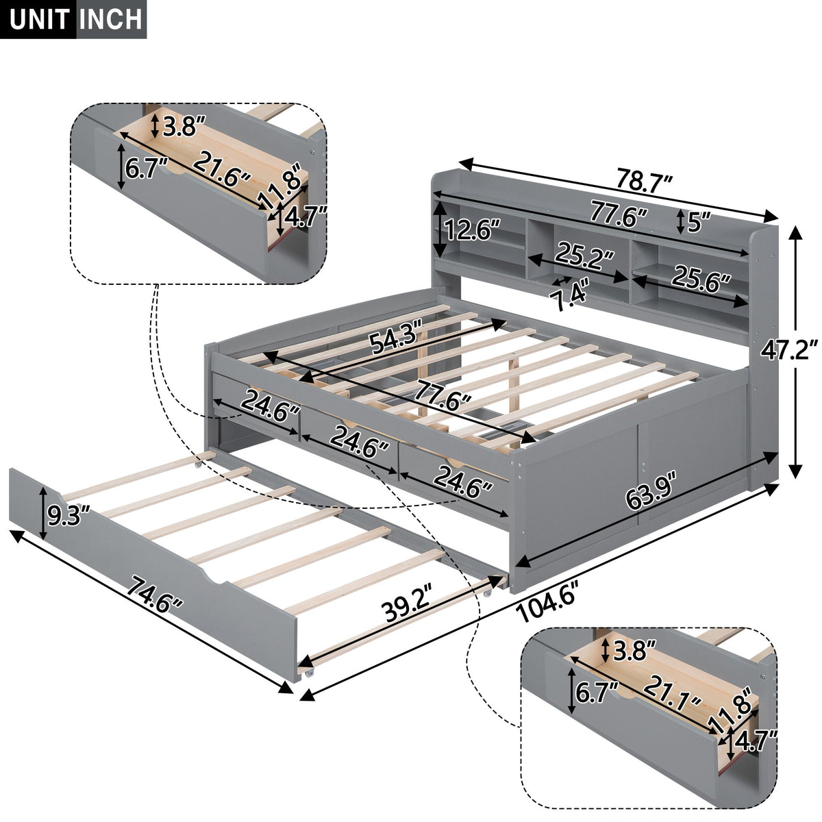 Captain Bed With Built In Bookshelves, 3 Storage Drawers, And Trundle