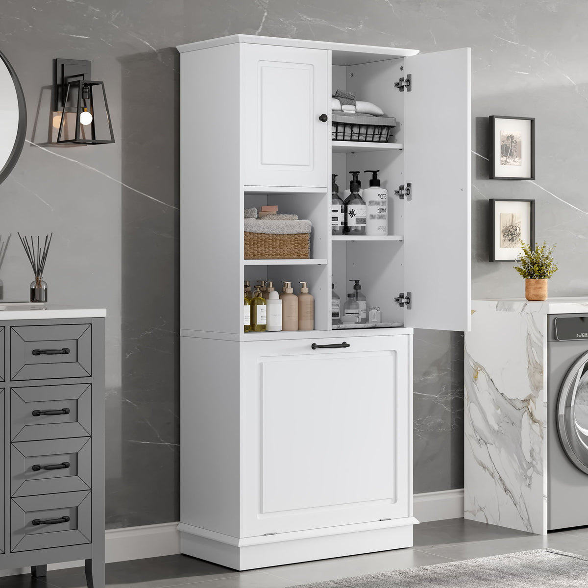 Armario alto moderno con estantes ajustables, cesta extraíble y puertas cerradas