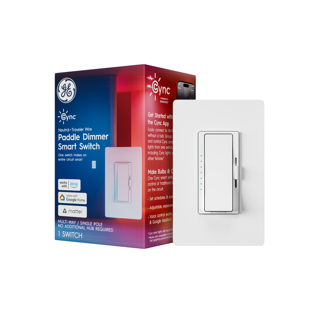 GE Cync Paddle Dimmer Smart Switch, Neutral + Traveler Wire (1-Pack) - White
