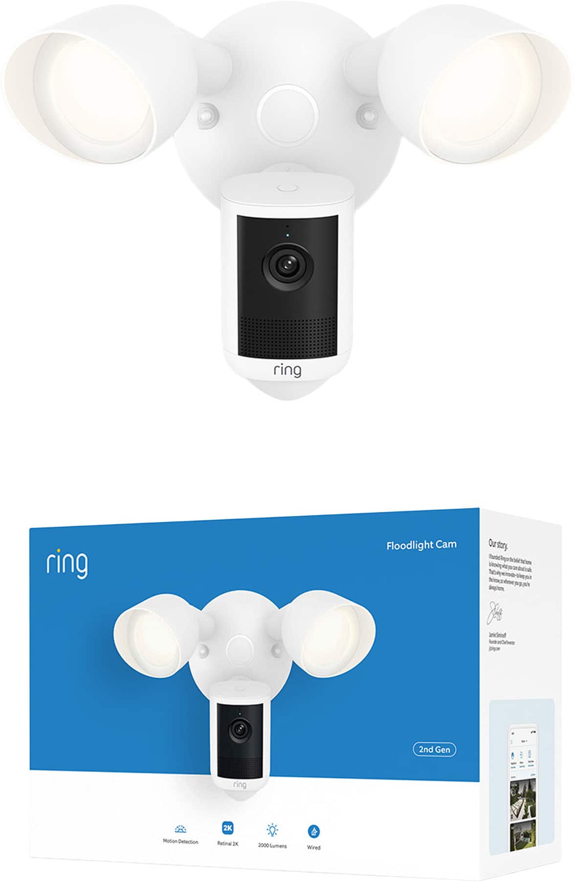 Ring - Floodlight Cam, Wired (newest model), Wide-Angle Retinal 2K Video, 6x Enhanced Zoom, Ultra-Bright Floodlights - White