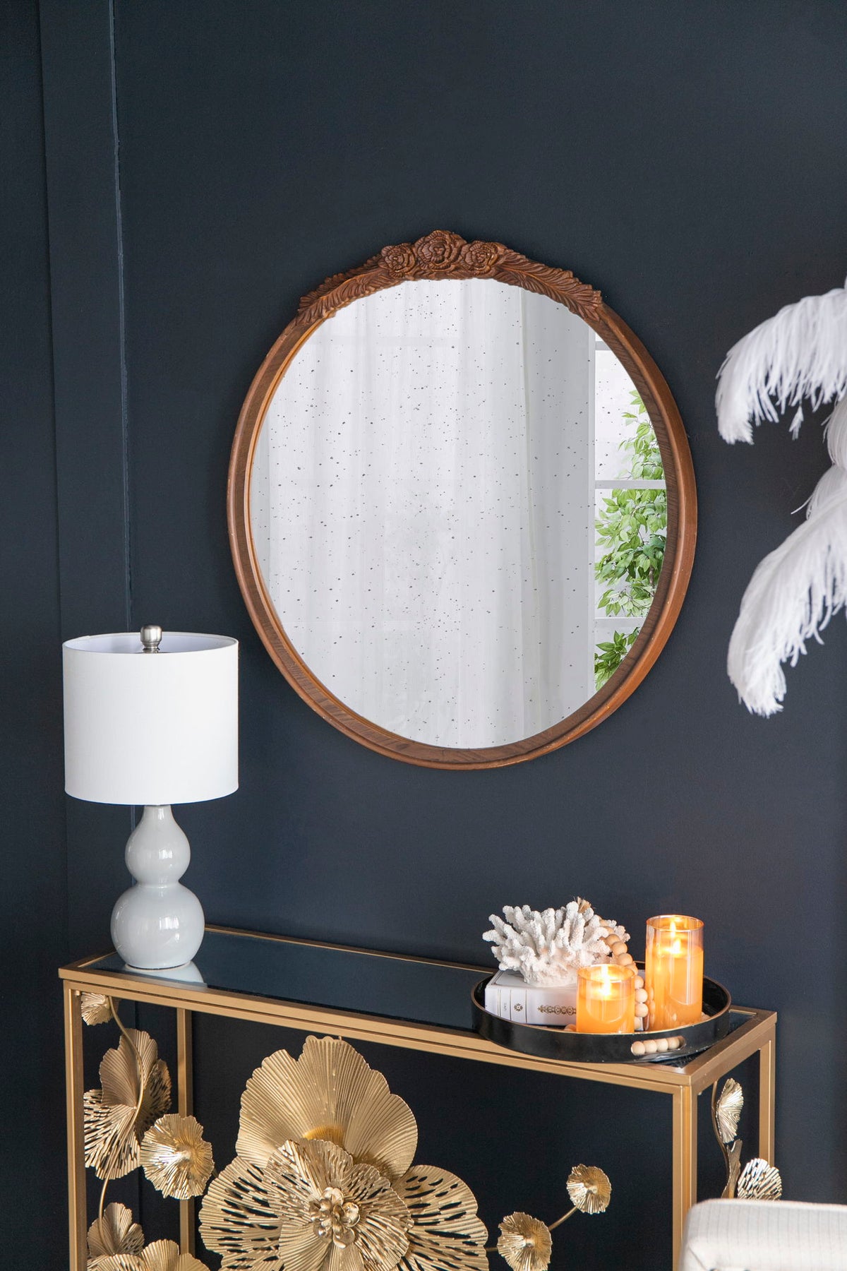 Round Hand Carved Rose Antique Mirror Frame, Wall Mirror For Live Space