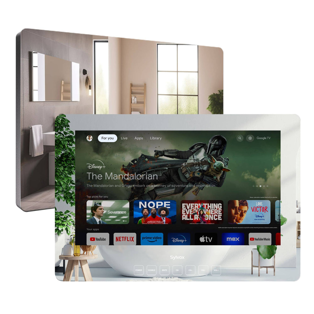Sylvox - 24" Clas Smart Bathroom Mirror TV, 1080P FHD LED Google TV, IP66 Waterproof Anti-Fog, Dual Front Speakers (Wall Mount)