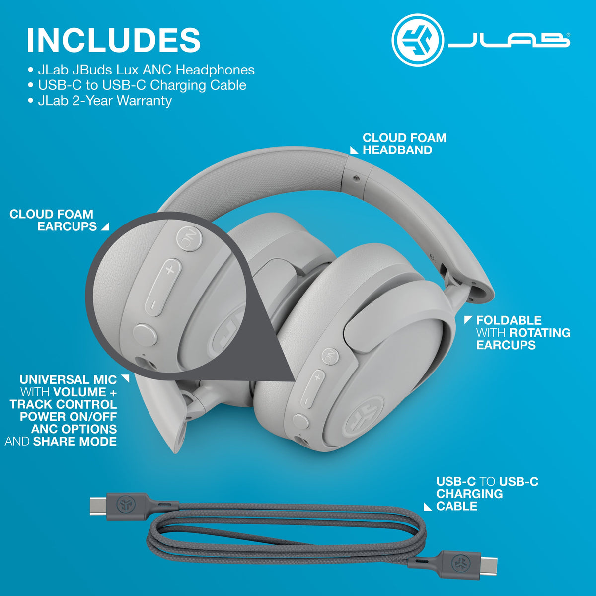JLab - JBuds Lux ANC Wireless Bluetooth Over-Ear Headphones with Active Noise Cancelling, Spatial Audio & 70+ Hour Battery - Cloud White