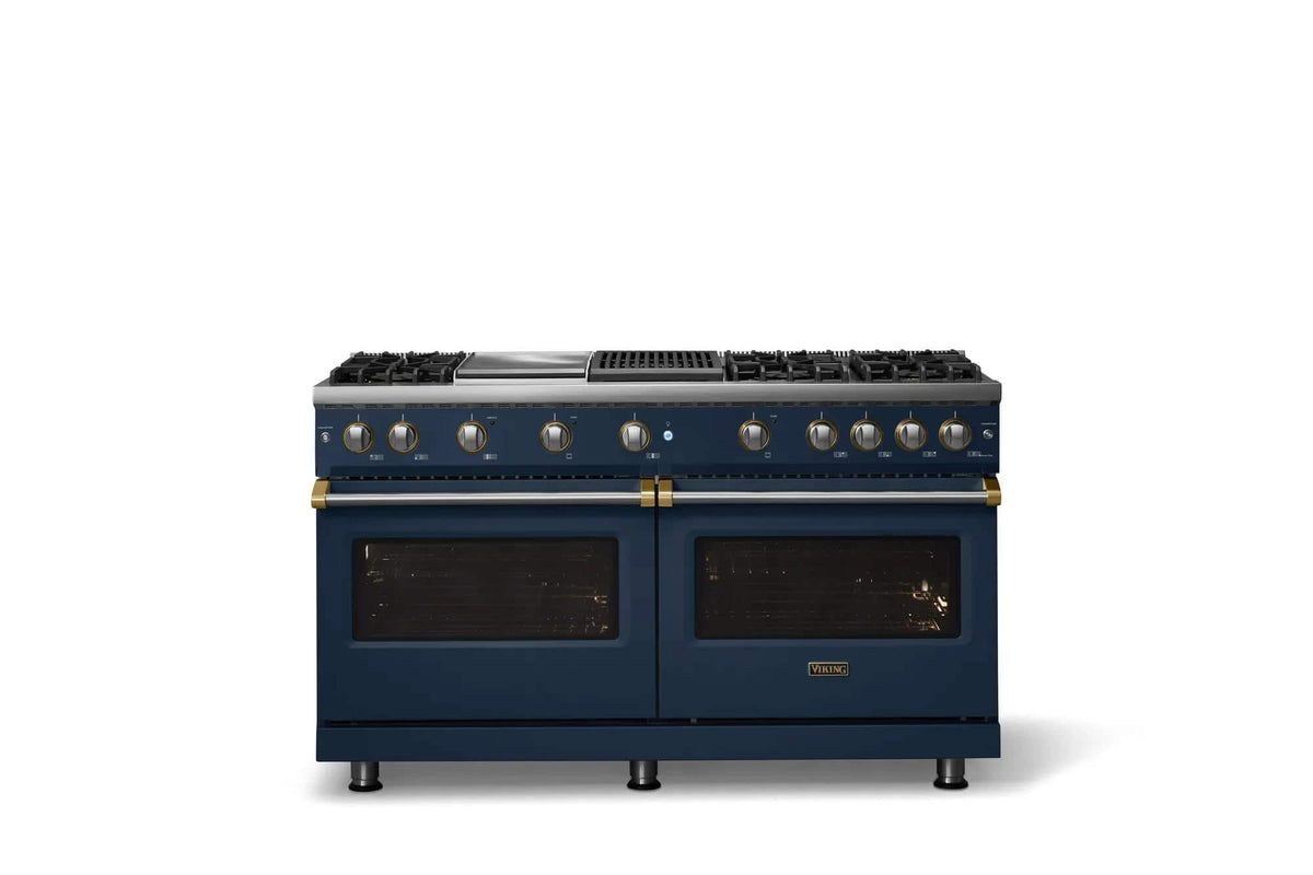 Viking - 60"W.Pro5S  8.0 Cu. Ft. Freestanding Sealed 6 Burner Gas Convection Range/Griddle/Dbl Oven-Slate Blue/Brushed Brass - Slate Blue