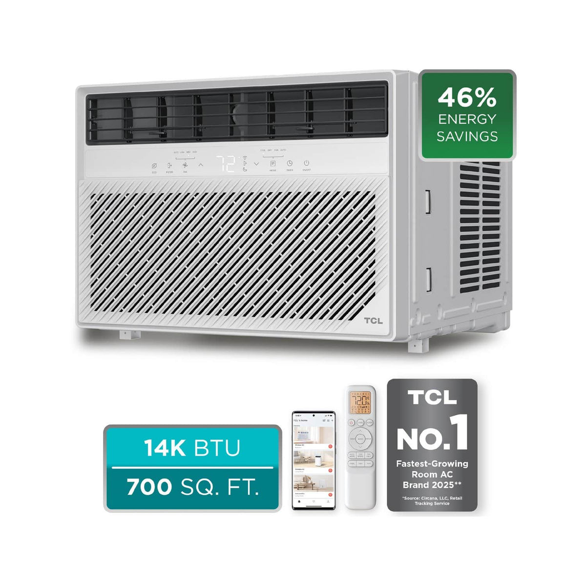 TCL - 700 Sq. Ft. 14,000 BTU Smart Window Air Conditioner, Digital, Remote Included - White