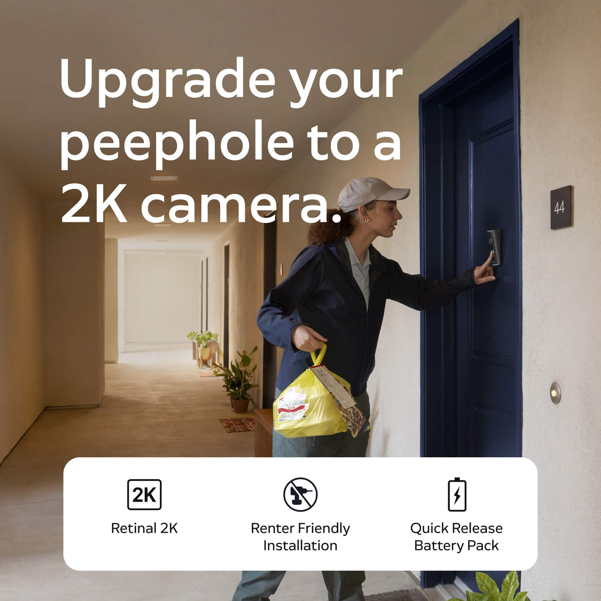 Ring - Peephole Smart Cam 2K, Battery-Powered, renter-friendly surface install, replaces existing peephole. 1400x1400 - Speckled Gray