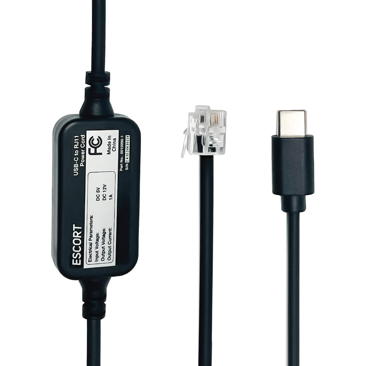 USB-C to RJ11 Cable, 4 feet Power Cord for Escort Radar Detectors - Black