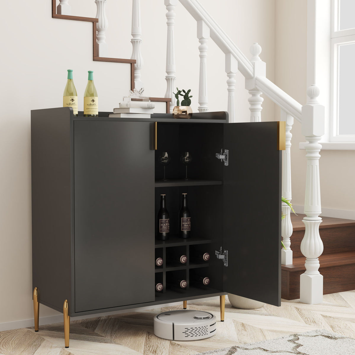 Mueble Bar Para Vinos Con Estante Ajustable, Aparador De 2 Puertas Con Bisagras De Cierre Suave Y Patas