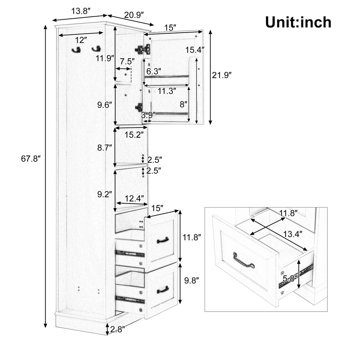Armario de almacenamiento de baño independiente con estantes ajustables y panel de ganchos laterales, diseño rectangular