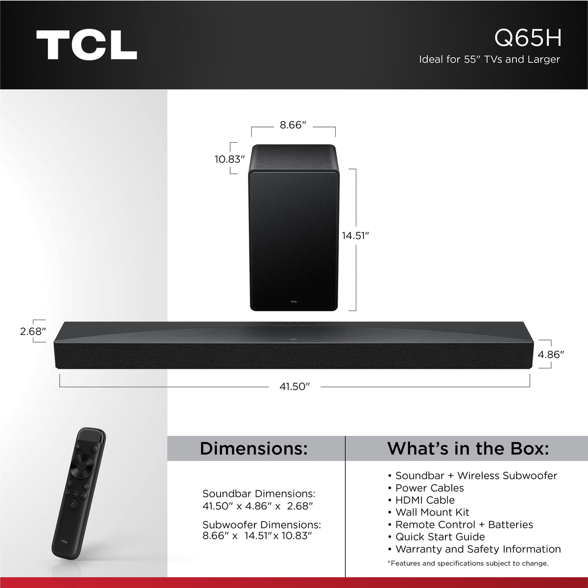 TCL - Q65H Q Class 5.1 Channel Soundbar with Dolby Atmos, Ray Danz Technology, and Wireless Subwoofer - Black