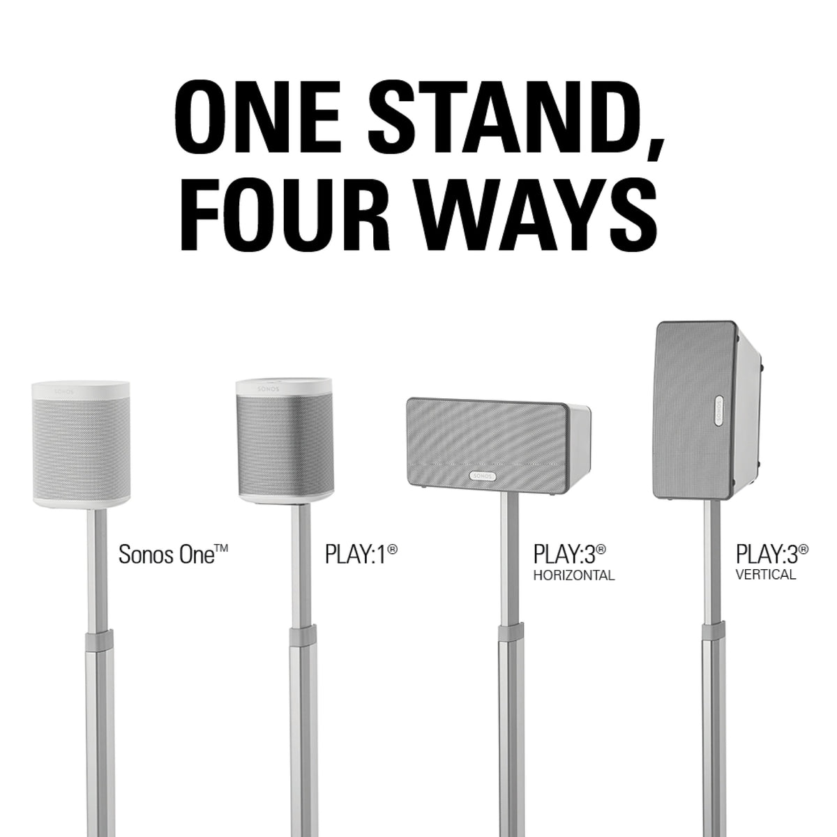 Sanus - 30" to 42" Adjustable Height Speaker Stand for Sonos One, Sonos One SL, PLAY:1 and PLAY:3 Speakers - White