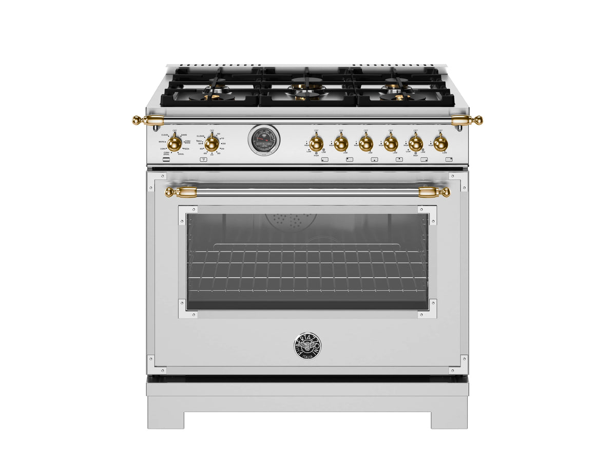 Bertazzoni - 36" Heritage Series Dual Fuel Range - Stainless Steel/Gold - Stainless Steel