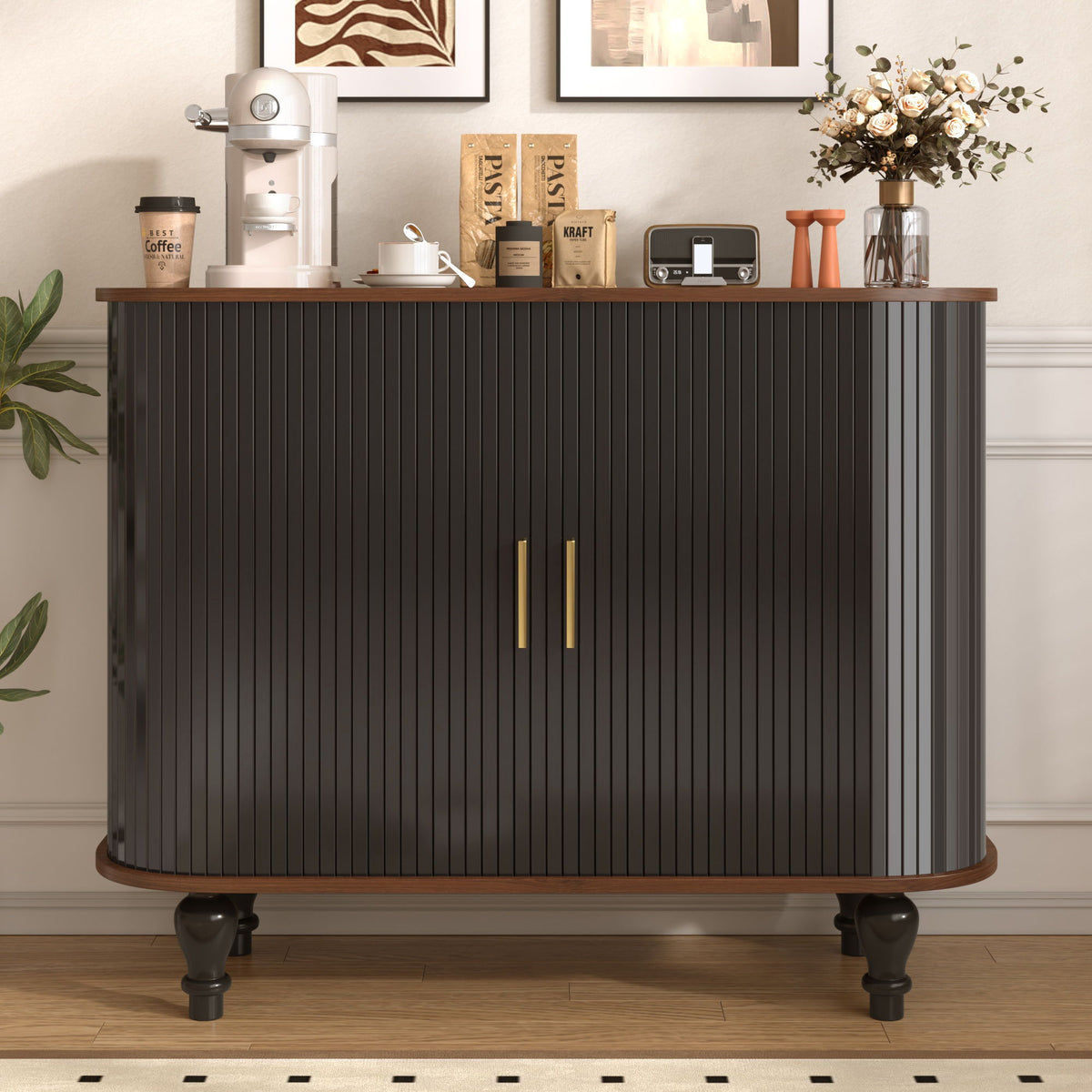 Mueble bar estriado para licores y café con 6 botelleros y 3 soportes para copas