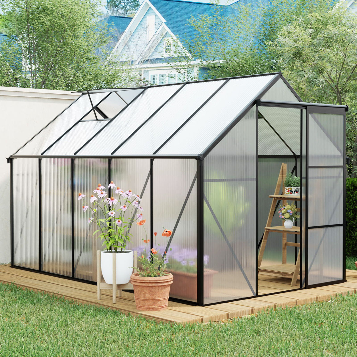 Polycarbonate house Raised Base And Anchor Aluminum Heavy Duty Walk-In houses For Outdoor Backyard In All Season