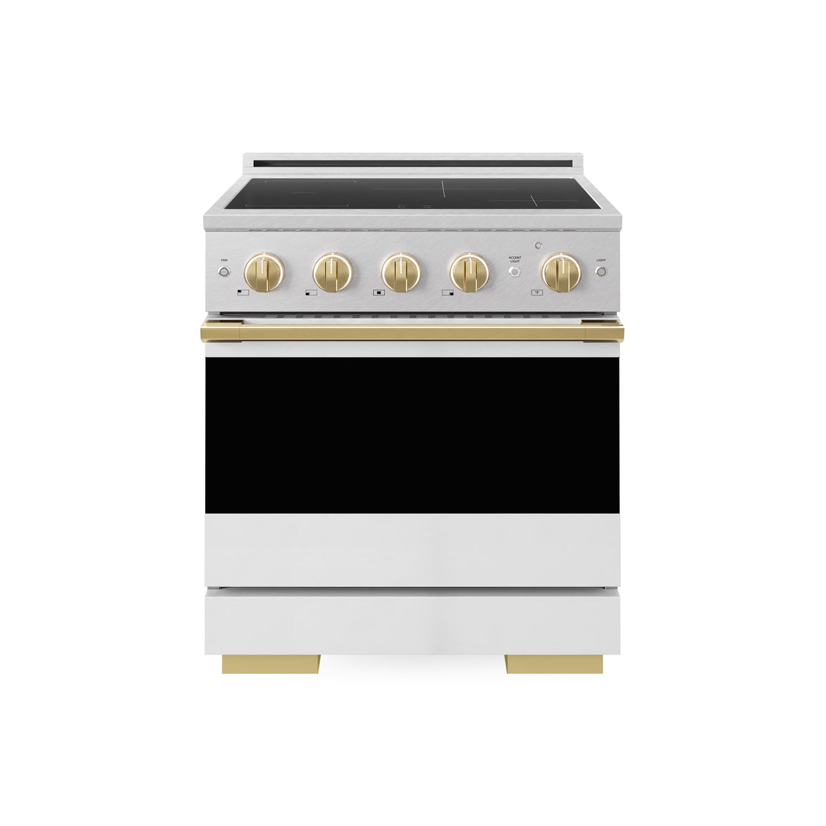 ZLINE - Autograph 30 in. 4.2 cu. ft. Marino Freestanding Induction Range in Satin Steel with Gold Accents & White Door - White Matte
