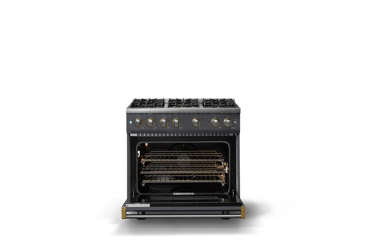 Viking - 36 in. Wide 6 Burner Pro 5 Series 5.1 Cu. Ft. Freestanding Sealed Burner Gas Convection Range with Brushed Brass Trim - Cast Black