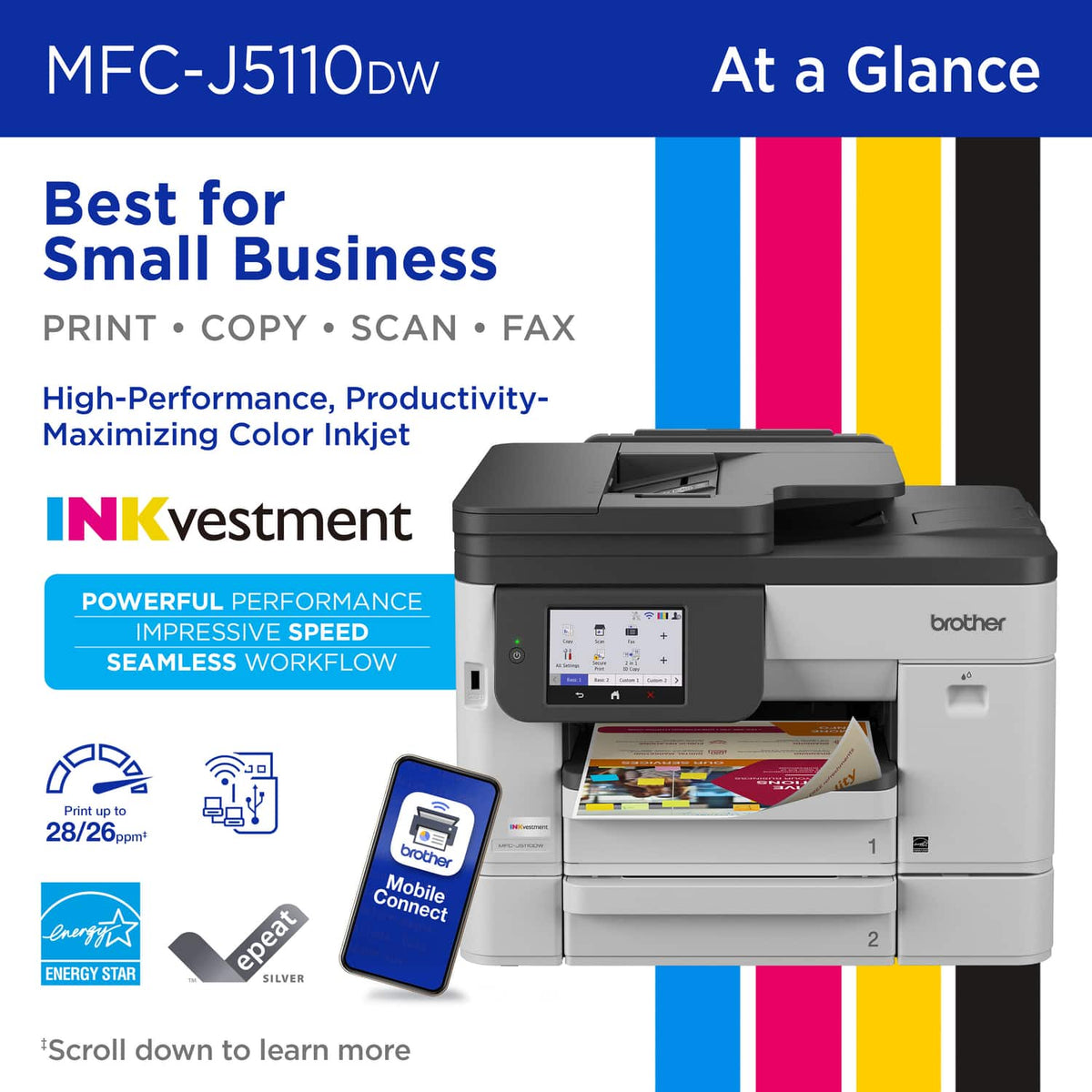 Brother - INKvestment 5110 Wireless Color Inkjet All-in-One Printer with 500-sheet paper tray/4.3” Color Touchscreen (MFC-J5110DW) - Gray