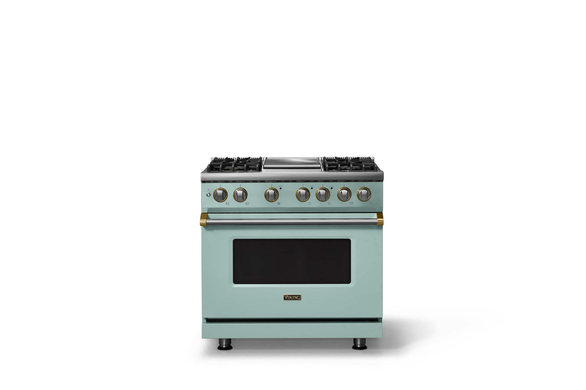 Viking - 36"W. Pro5S 5.6 Cu. Ft. Freestanding Self-Clean Sealed 4B LP DF Convection Range/Grdl-Splash/Brushed Brass - Splash