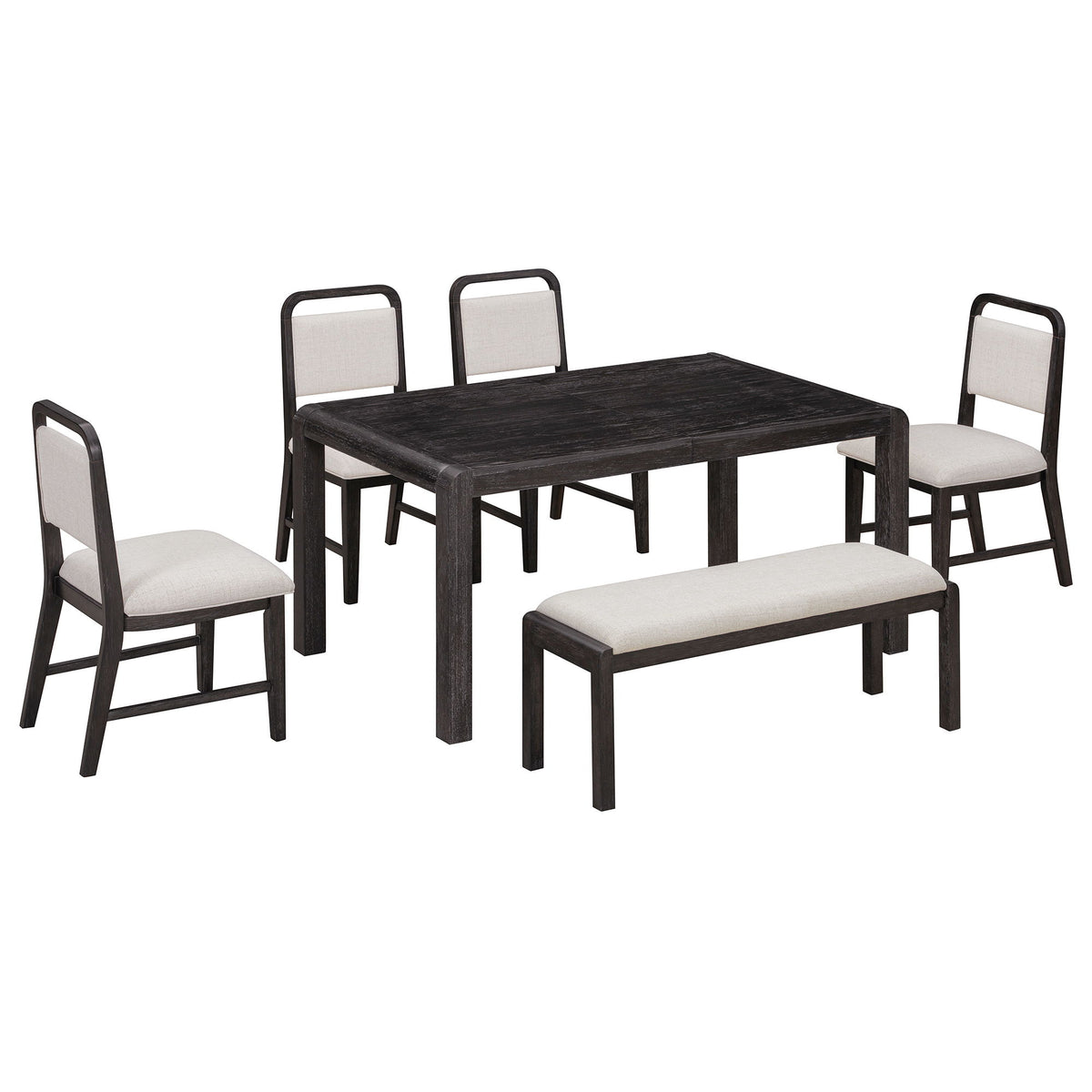 Juego de comedor extensible con 4 sillas tapizadas y 1 banco