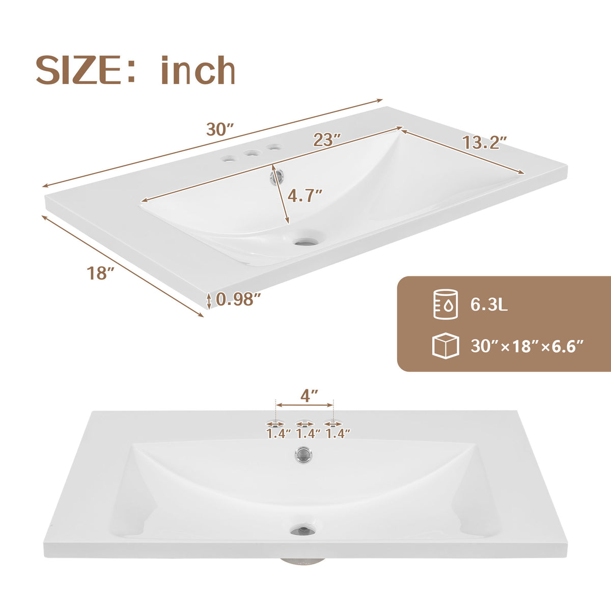 Encimera de tocador de baño individual de 30", con lavabo bajo encimera, forma rectangular, 3 orificios para grifería - Blanco