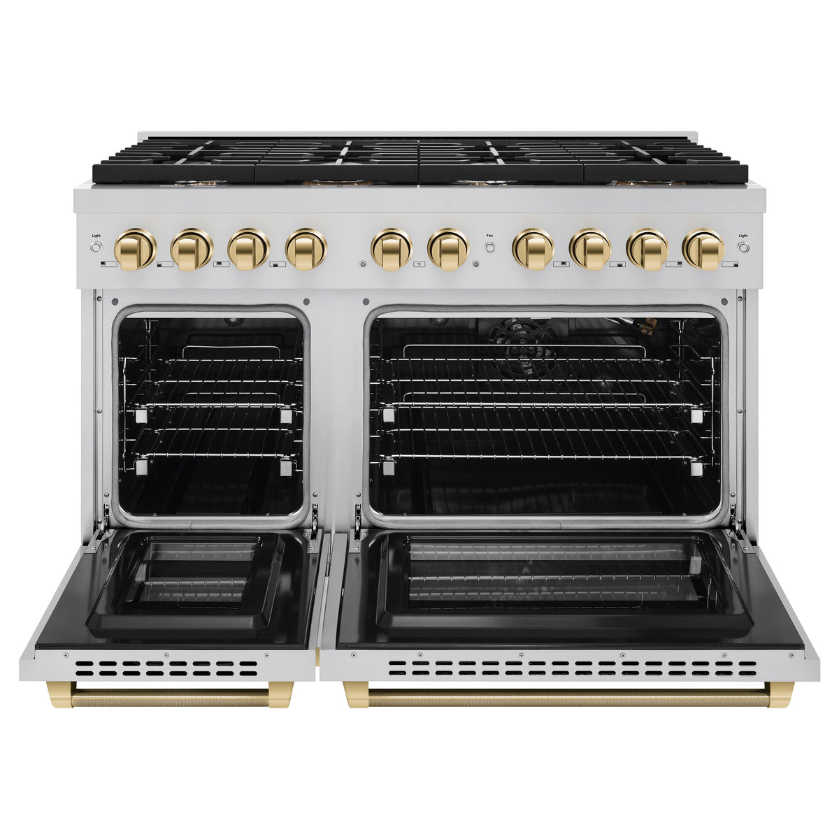 ZLINE - 48 in. Wide 8 Burner Autograph 6.7 Cu. Ft. Freestanding Paramount Gas Range with Polished Gold Helix Handles - Stainless Steel