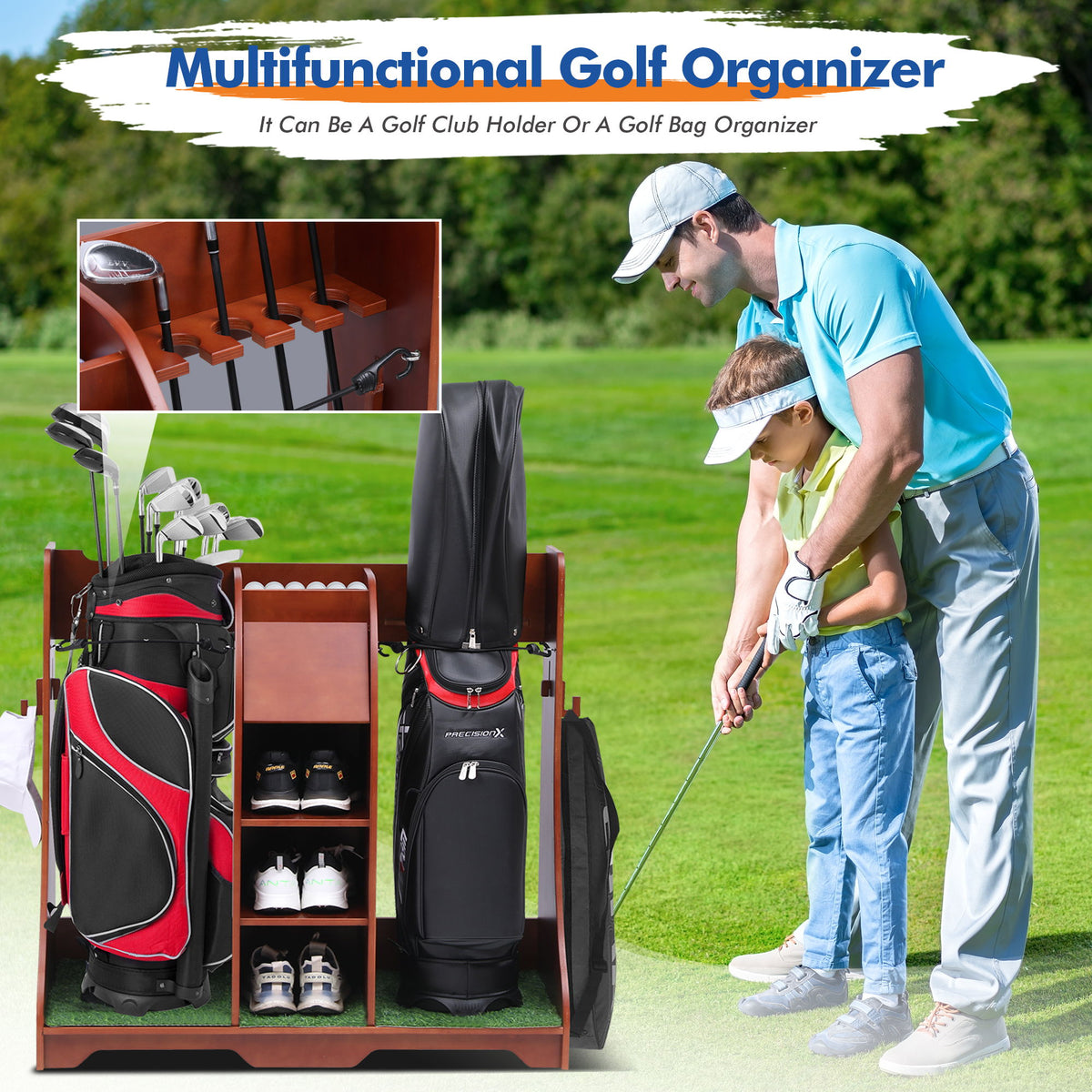 Wood Freestanding Adjustable Multi Use Golf Shelf - Reddish Brown
