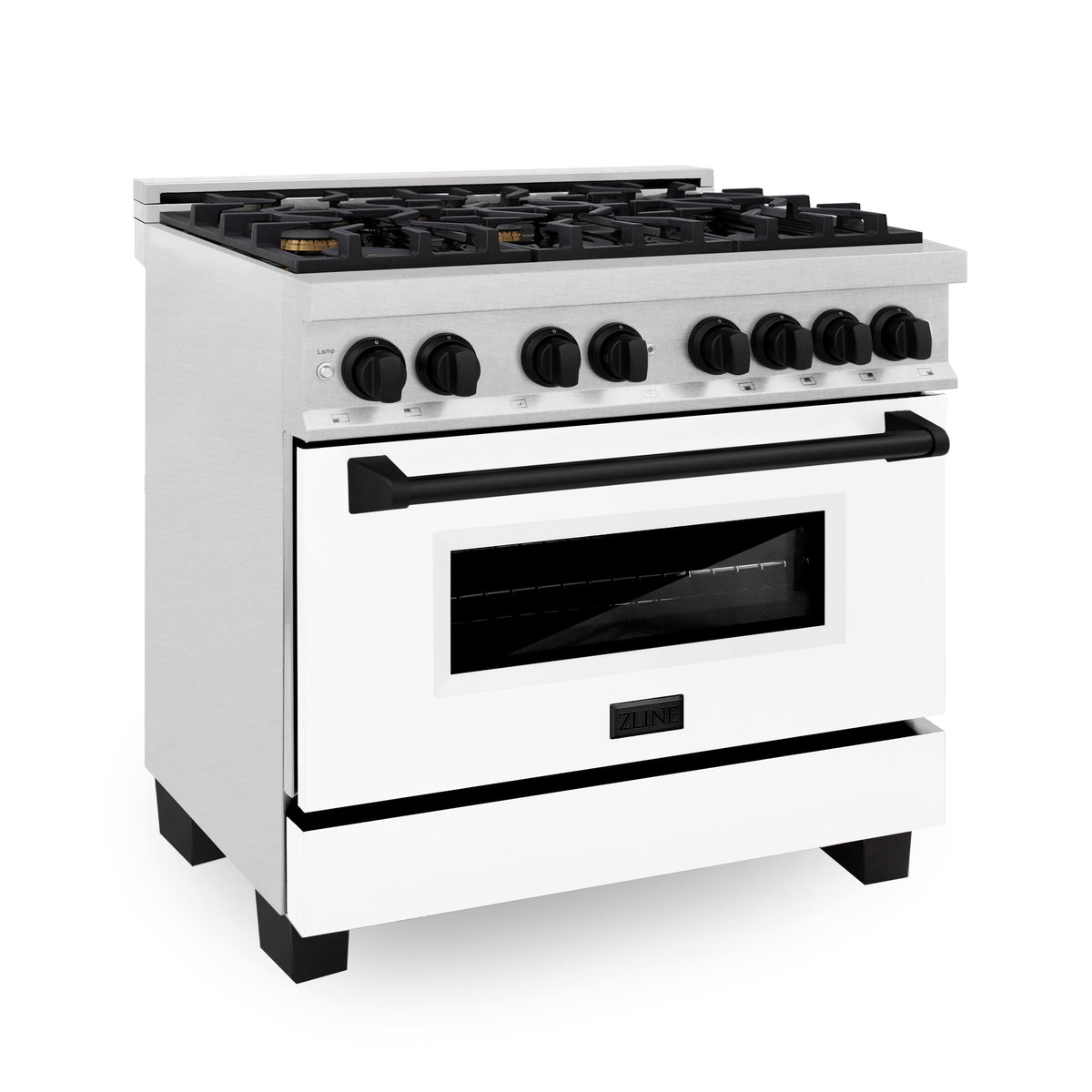 ZLINE - 36 in. Wide 6 Burner Autograph Legacy Dual Fuel Range in Satin Steel w/ White & Black Accents (RASZ-WM-36-MB) - Stainless Steel