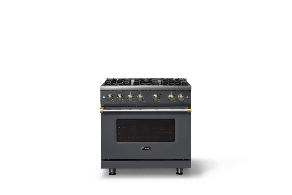 Viking - 36 in. Wide 6 Burner Pro 5 Series 5.1 Cu. Ft. Freestanding Sealed Burner Gas Convection Range with Brushed Brass Trim - Cast Black