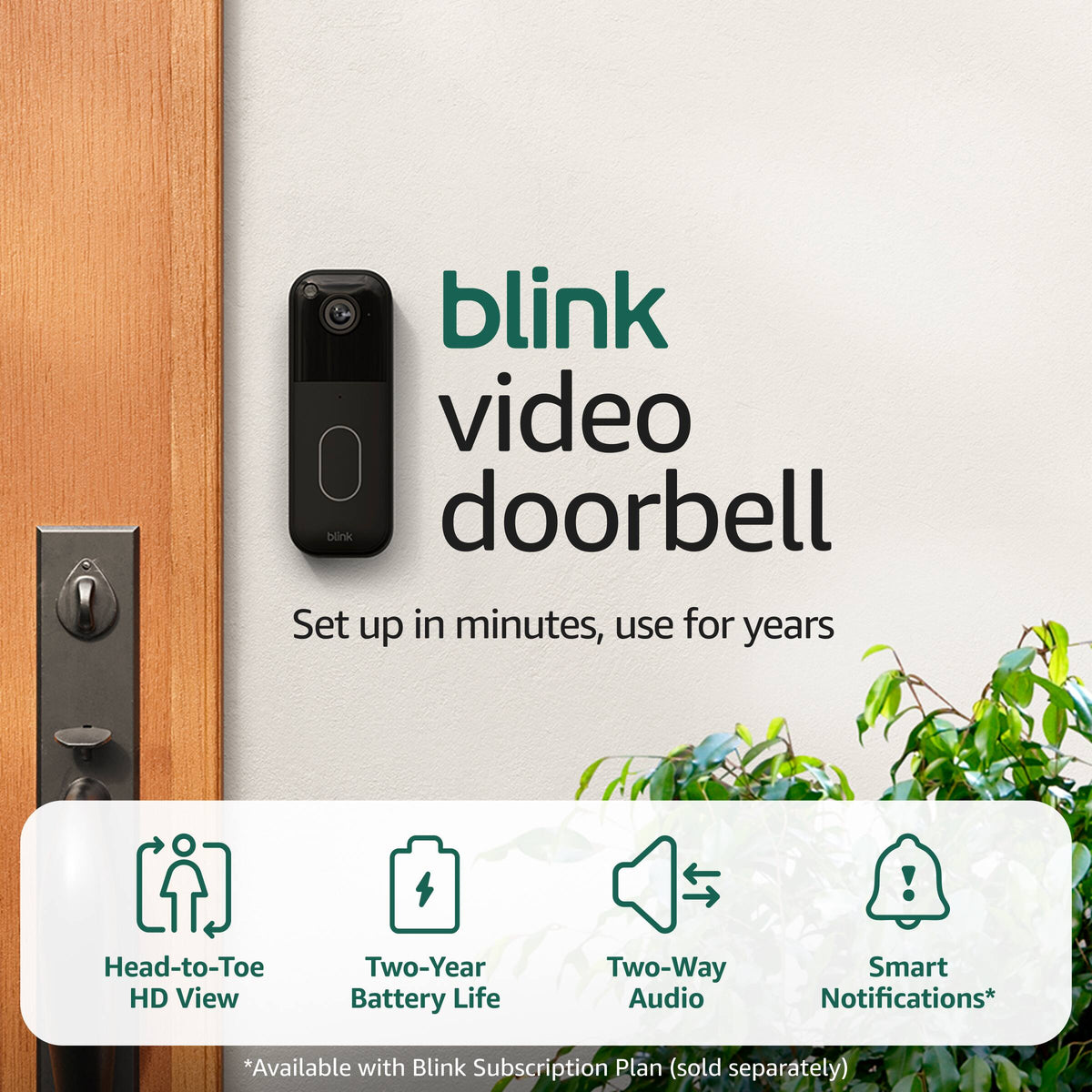 Blink - Video Doorbell - Head-to-toe HD view, two-year battery, simple setup, Required Sync Module Not included - Black