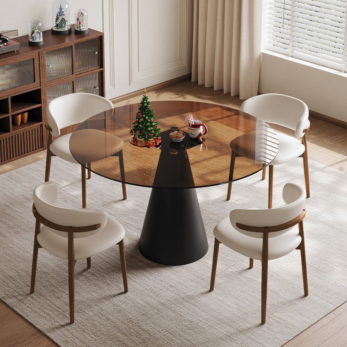 Mesa de comedor redonda - Negro / Marrón - Vidrio templado