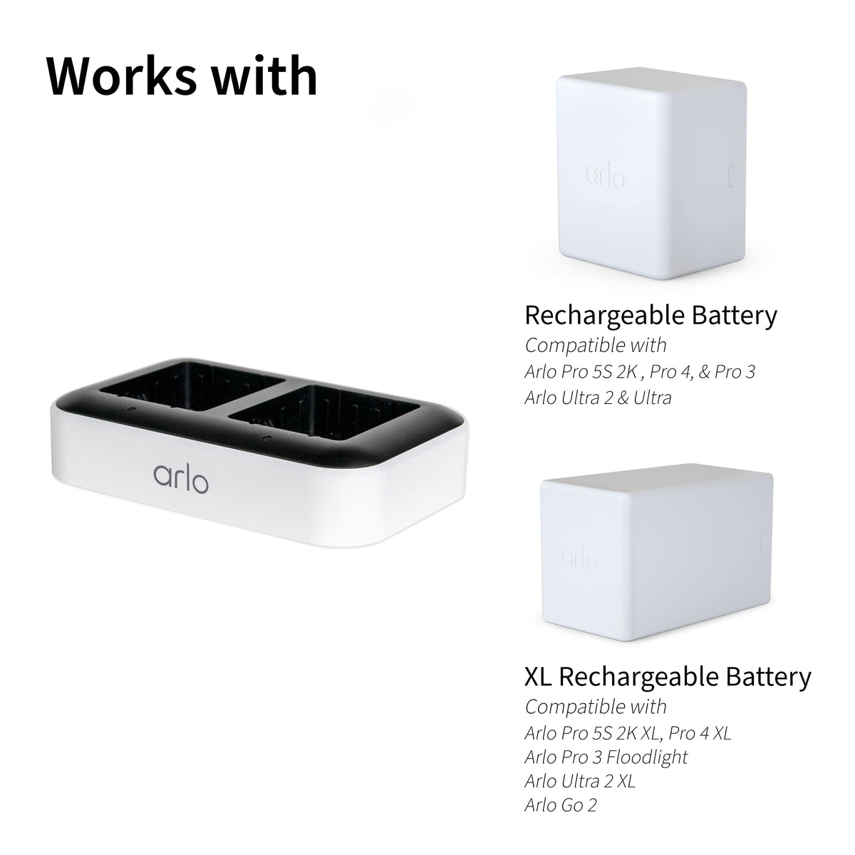 Arlo - Dual Battery Charger for Pro 5S 2K, Pro 4, Ultra 2, Ultra, Pro 3 Floodlight, Pro 4 XL, Ultra 2 XL, and Go 2 Cameras - White