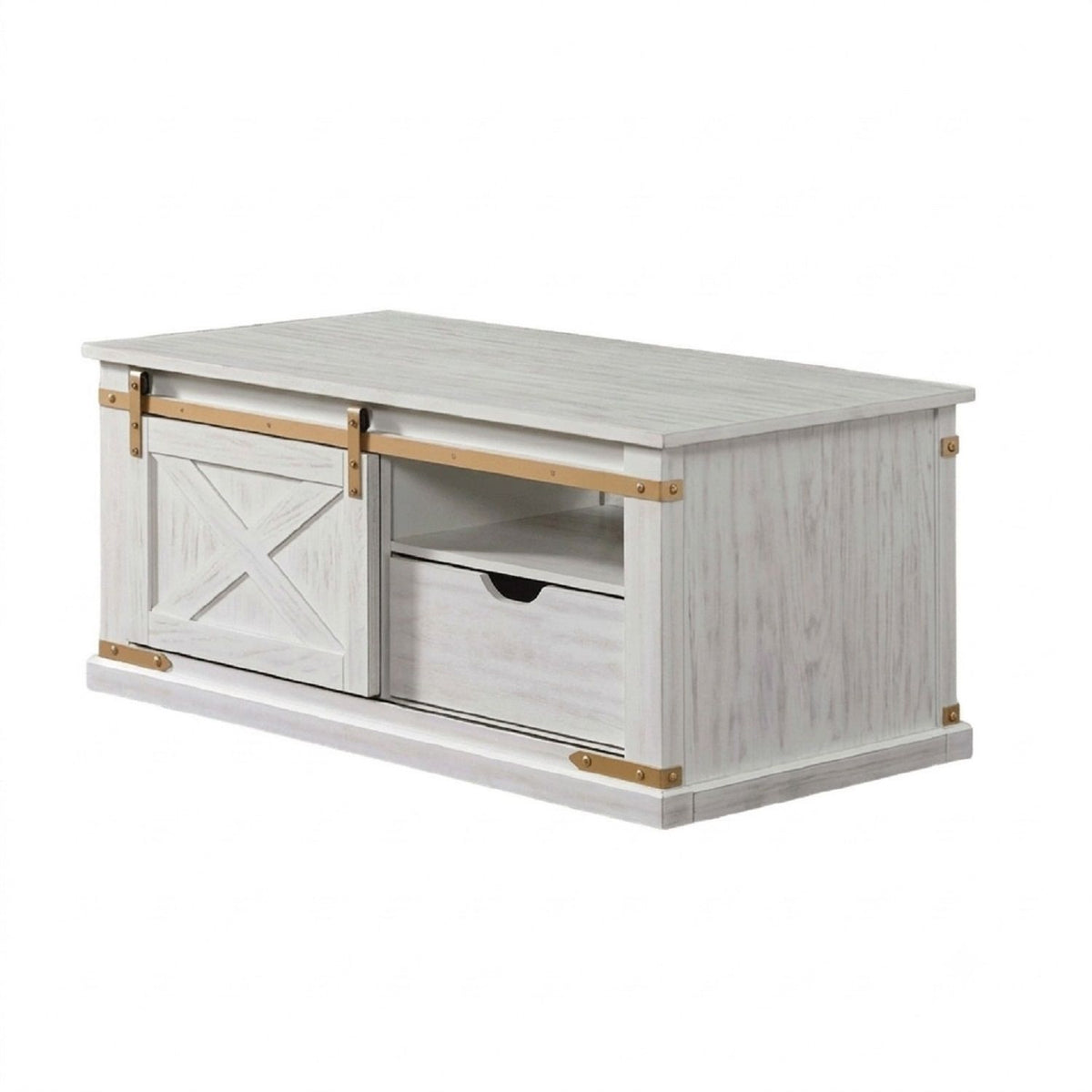 Mesa de centro con cajón de almacenamiento y estantes abiertos - Blanco antiguo / Dorado