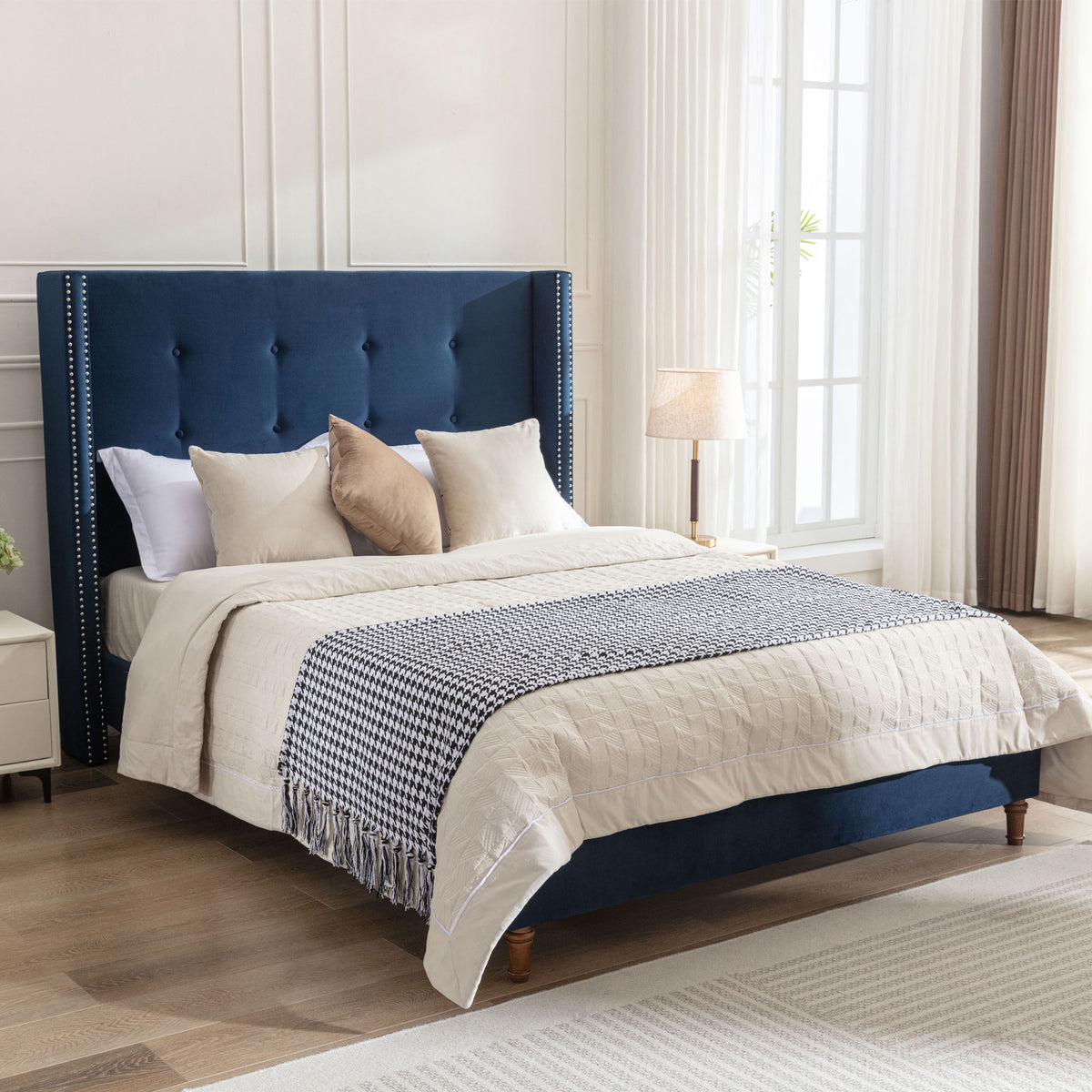 Peyton - Upholstered Bed With 54" High Headboard, Traditional Hand Buttoned Tufting