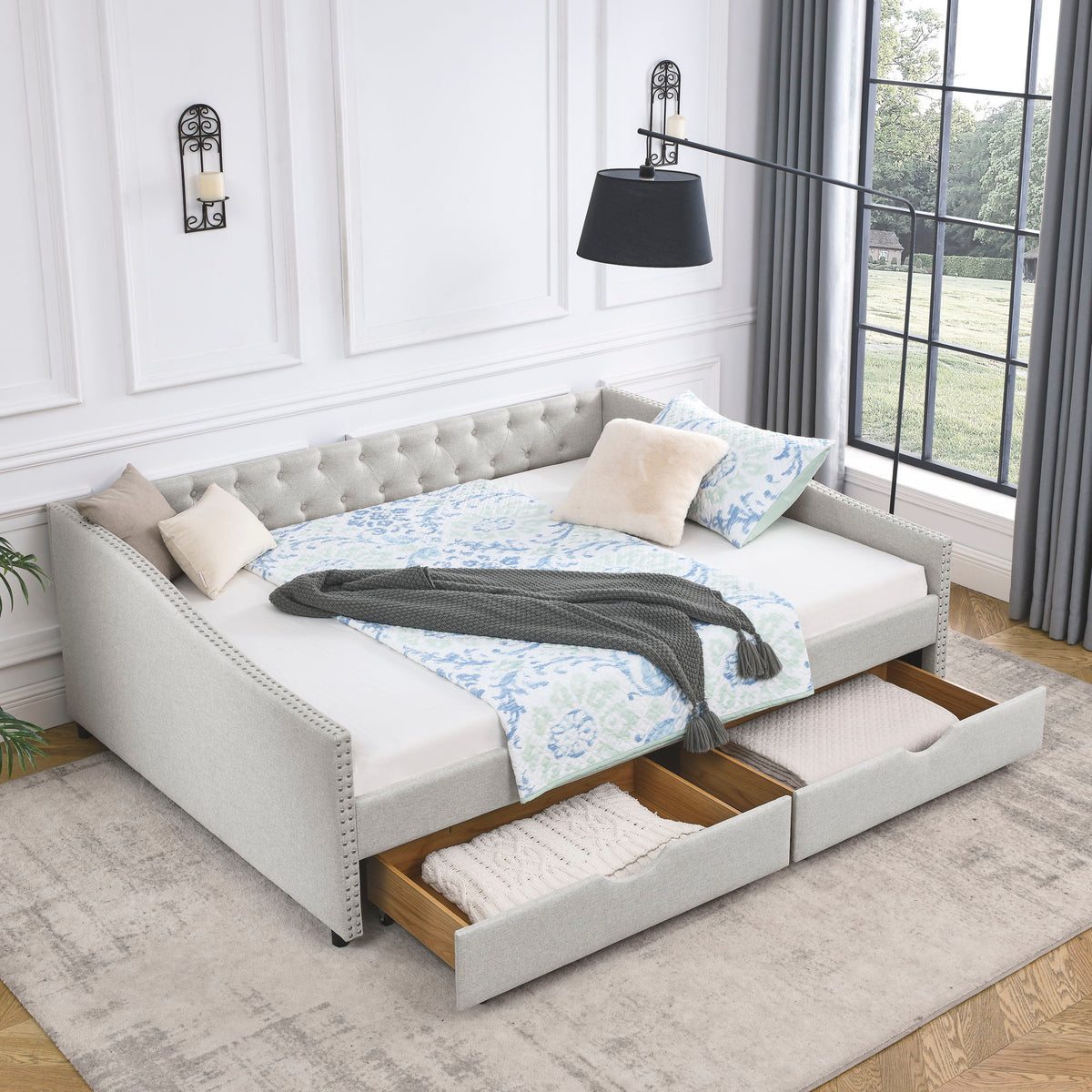 Upholstered Tufted Daybed With Drawers, Waved Arms