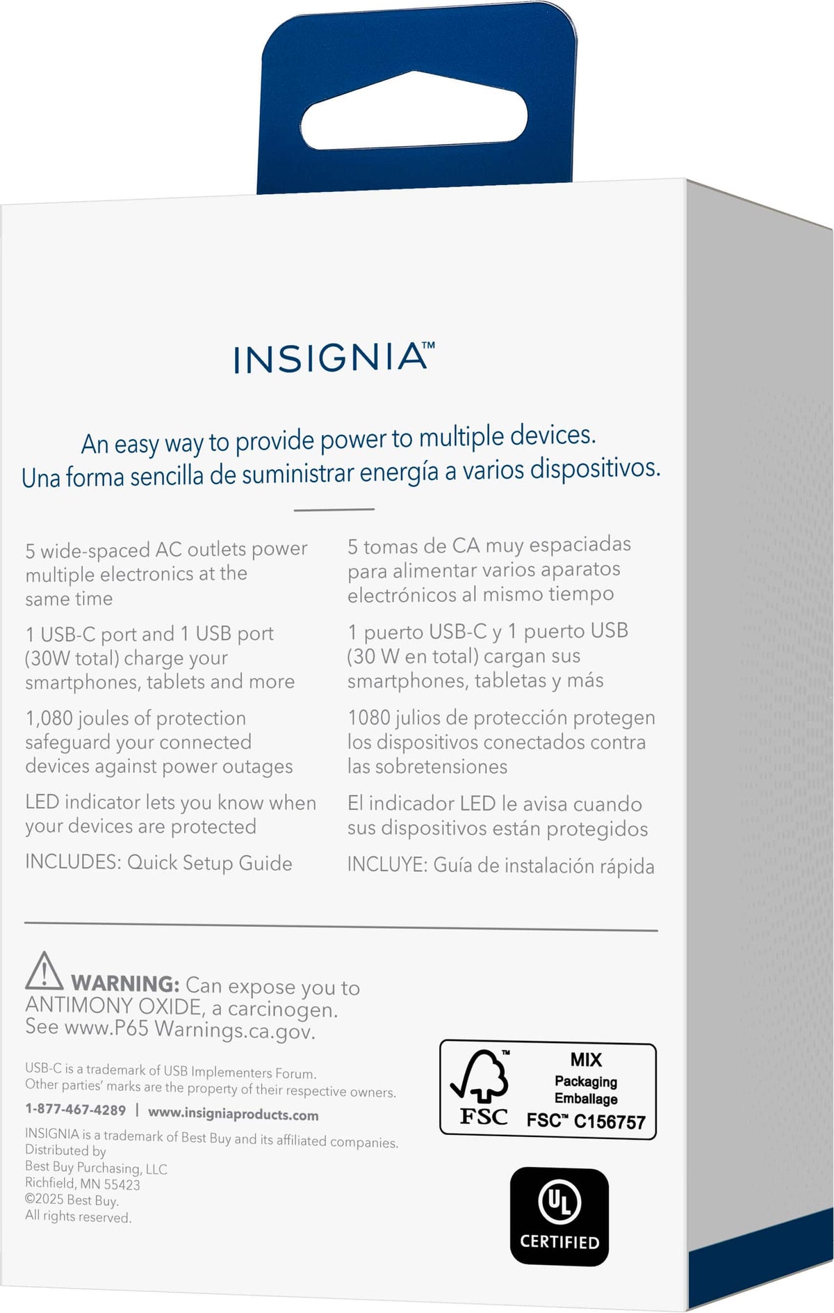 Insignia™ - 5-Outlet / 1-USB-C / 1-USB Wall Tap 1,080 Joules Surge Protector - White