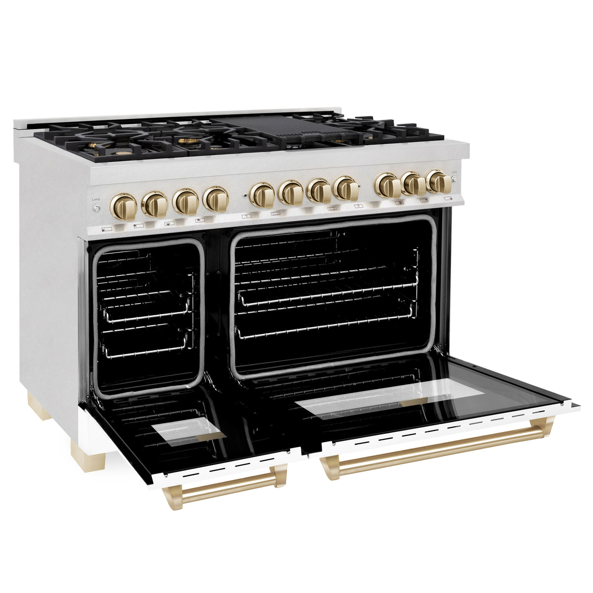 ZLINE - 48 in. Wide 8 Burner 6.0 cu. ft. Autograph Legacy Dual Fuel Freestanding Range in Satin Steel w/ White & Gold Accents - Multicolor