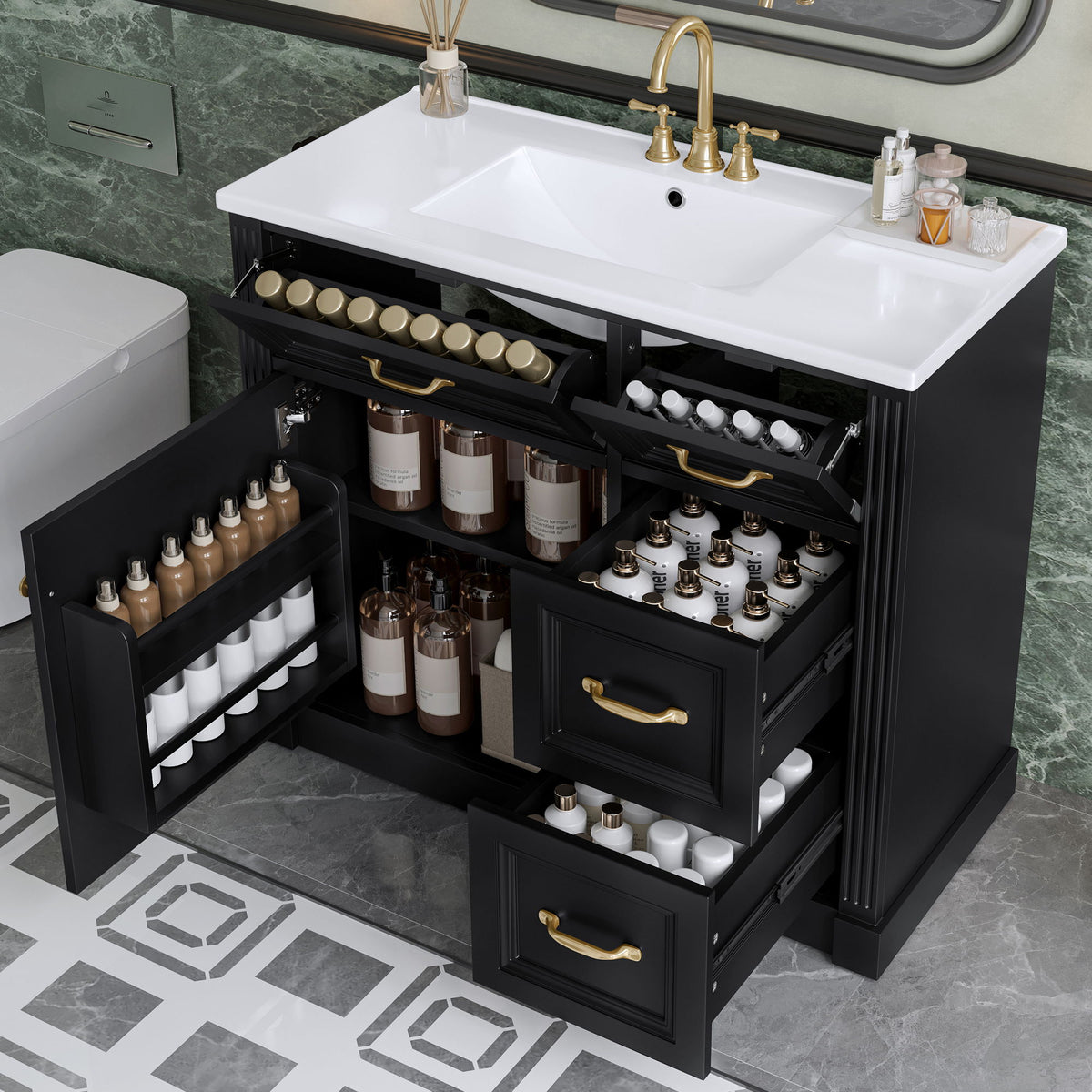 Tocador de baño moderno con lavabo, 4 cajones, puerta de cierre suave, estante ajustable