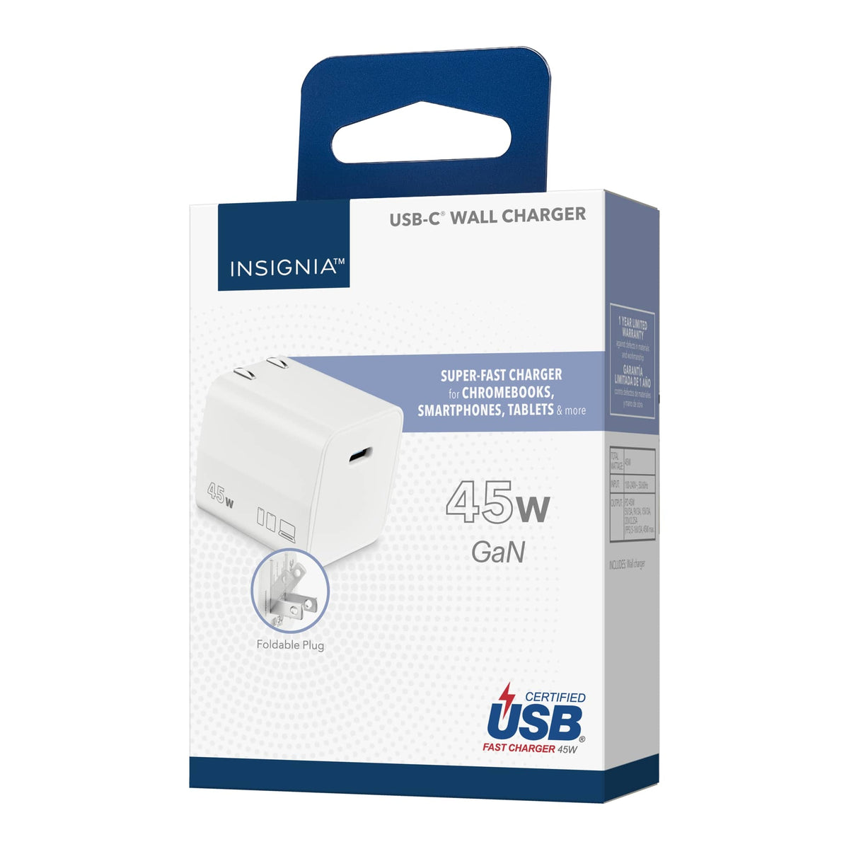 Insignia™ - 45W USB-C Wall Charger for MacBook Pro, iPad, iPhone, Apple Watch, Samsung Smartphones & More - White